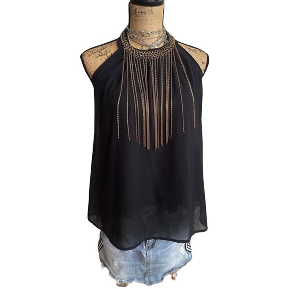 LOVE CULTURE women black top with detailed golden strand on neckline SZ MEDIUM - Picture 1 of 12